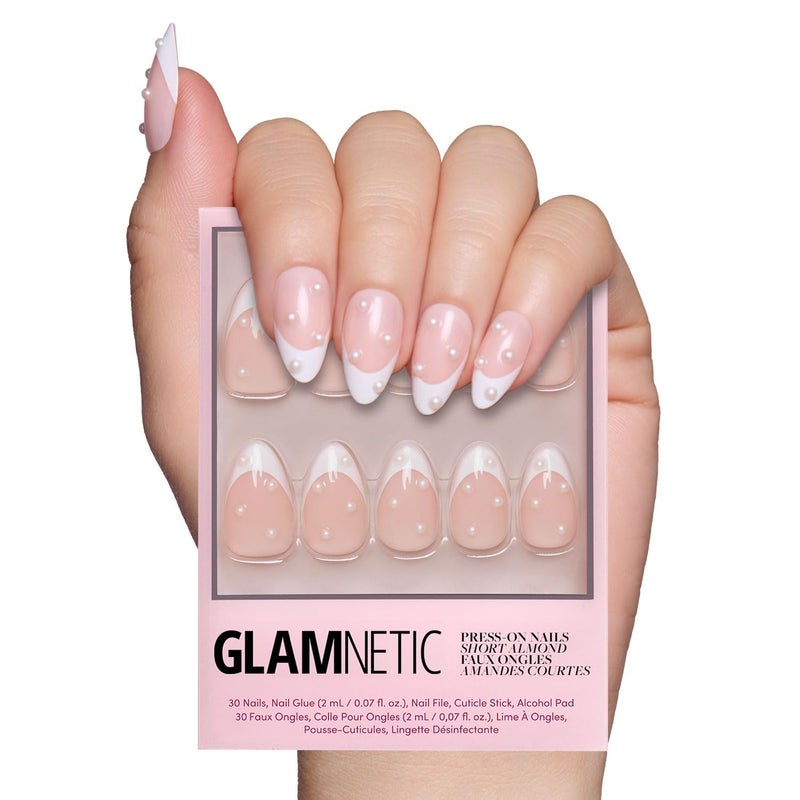 Glamnetic Press On Nails  French Pearl  Glossy Short Almond French Tip Nails with 3D Accents Salon Quality  15 Sizes  30 Nail Kit with Glue
